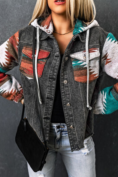 Drawstring Hooded Pocketed Denim Jacket - aurelia-clothing-8955