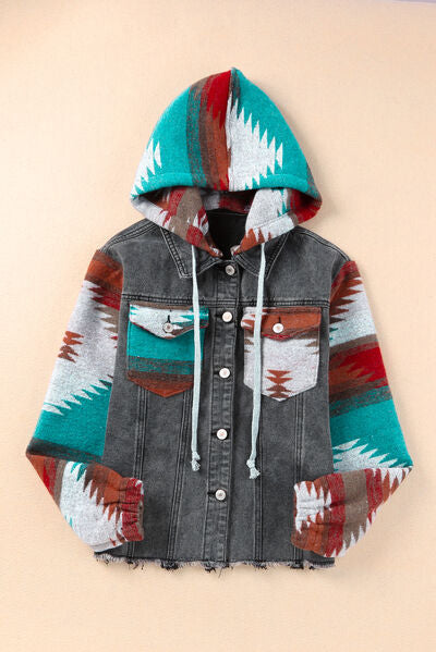 Drawstring Hooded Pocketed Denim Jacket - aurelia-clothing-8955