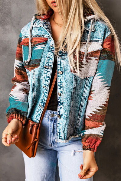 Drawstring Hooded Pocketed Denim Jacket - aurelia-clothing-8955