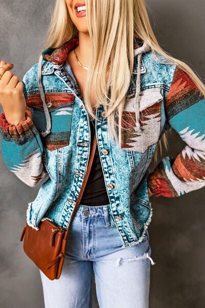 Drawstring Hooded Pocketed Denim Jacket - aurelia-clothing-8955