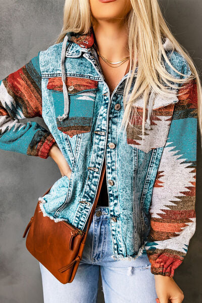 Drawstring Hooded Pocketed Denim Jacket - aurelia-clothing-8955