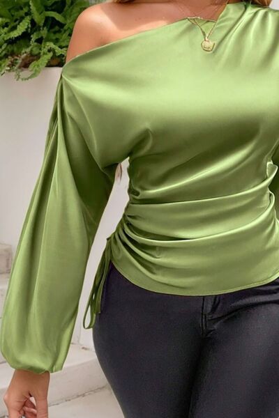 Drawstring One Shoulder Long Sleeve Blouse - aurelia-clothing-8955