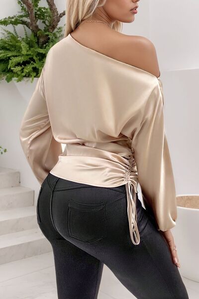 Drawstring One Shoulder Long Sleeve Blouse - aurelia-clothing-8955