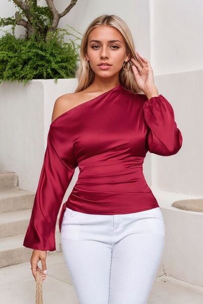 Drawstring One Shoulder Long Sleeve Blouse - aurelia-clothing-8955