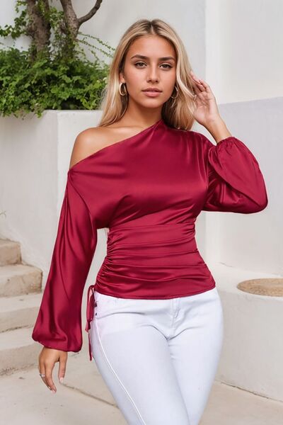 Drawstring One Shoulder Long Sleeve Blouse - aurelia-clothing-8955