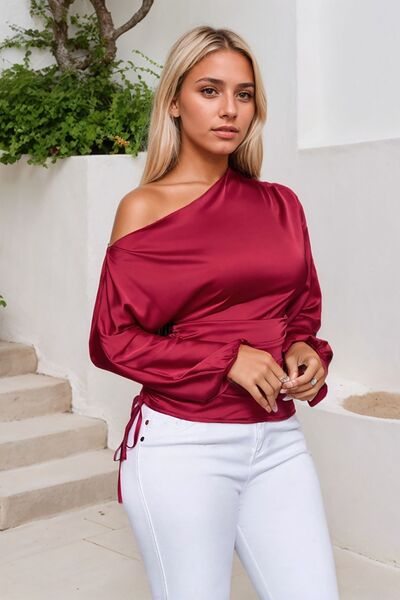 Drawstring One Shoulder Long Sleeve Blouse - aurelia-clothing-8955