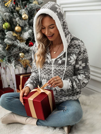 Drawstring Snowflake Zip Up Hooded Outerwear - aurelia-clothing-8955