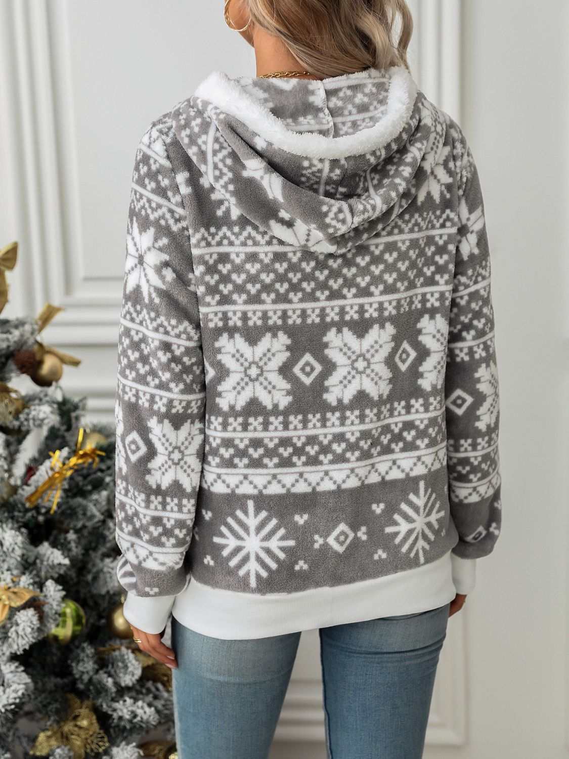 Drawstring Snowflake Zip Up Hooded Outerwear - aurelia-clothing-8955