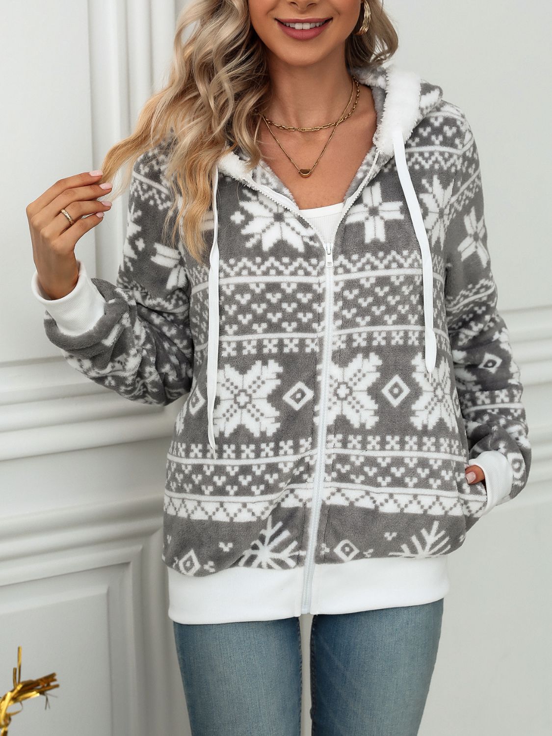 Drawstring Snowflake Zip Up Hooded Outerwear - aurelia-clothing-8955