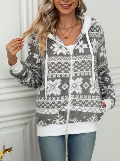 Drawstring Snowflake Zip Up Hooded Outerwear - aurelia-clothing-8955