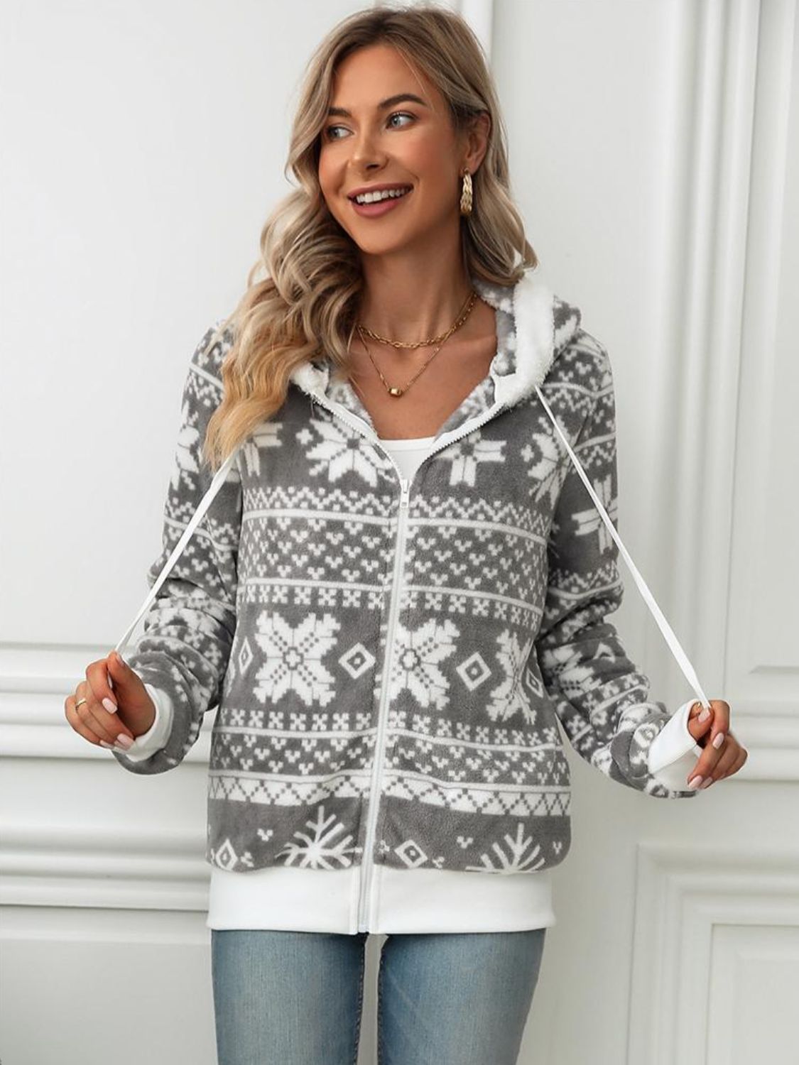 Drawstring Snowflake Zip Up Hooded Outerwear - aurelia-clothing-8955
