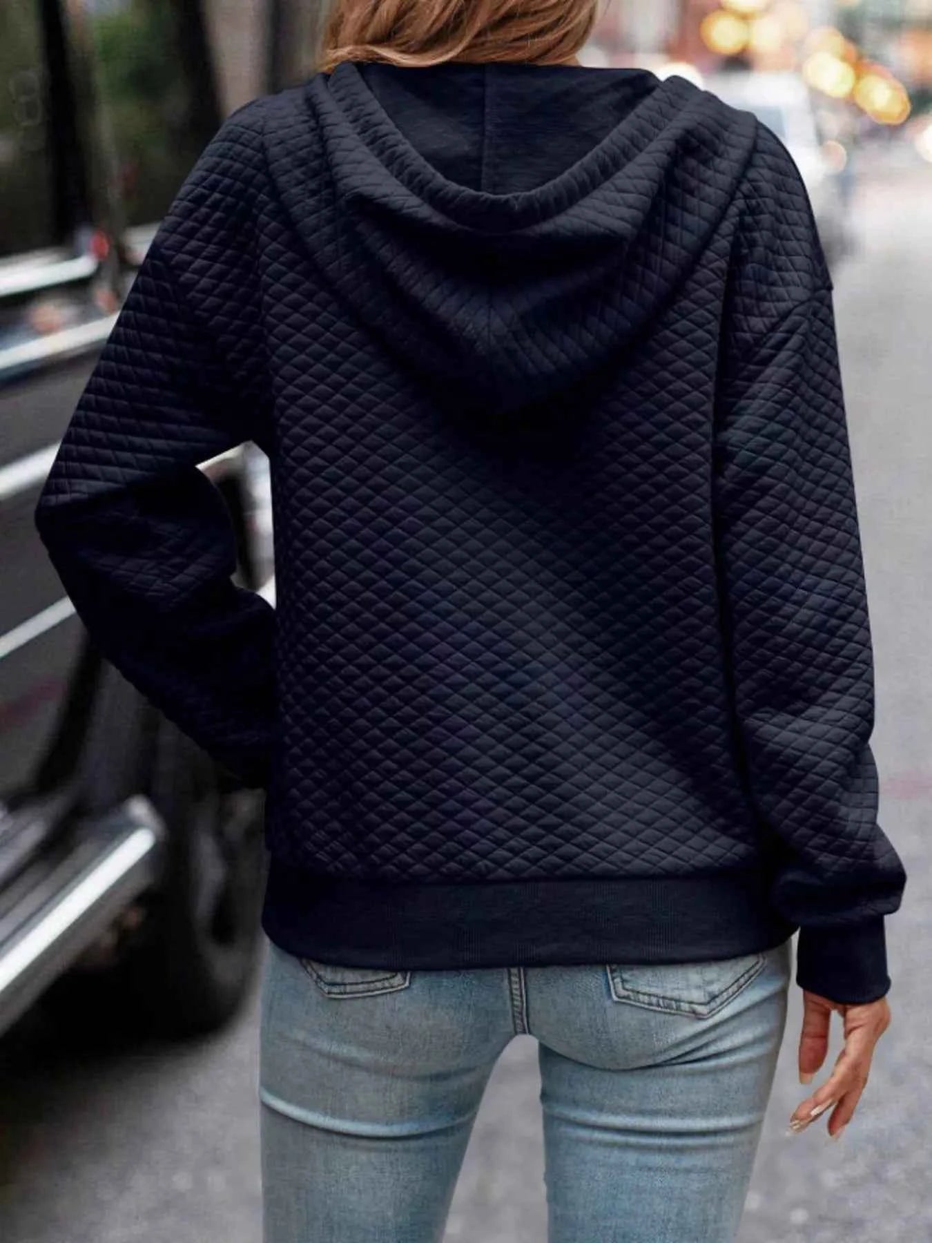 Drawstring Textured Dropped Shoulder Hoodie - Free Shipping - aurelia-clothing-8955