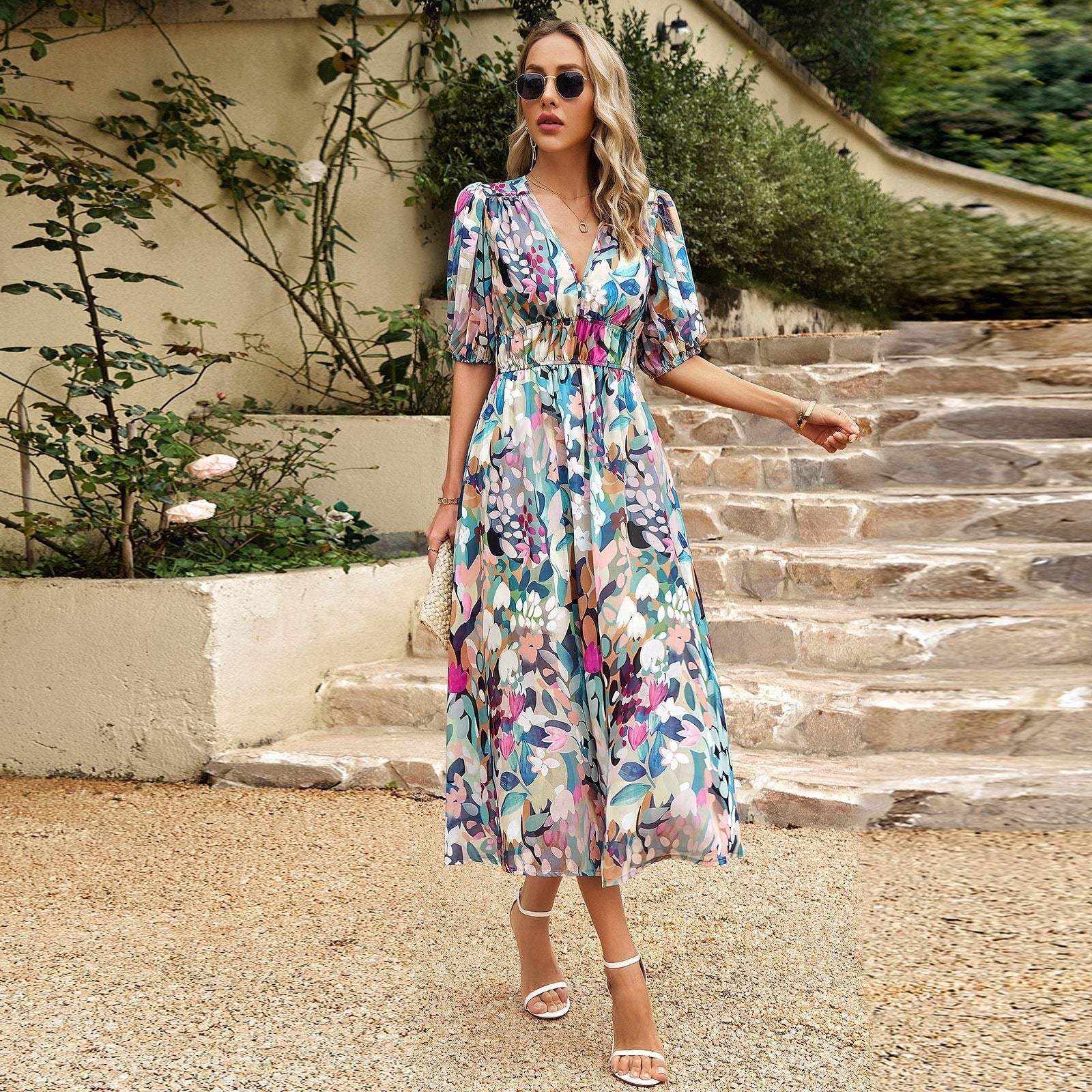 Dress with waist cinched V-neck printed long skirt - Free Shipping - aurelia-clothing-8955