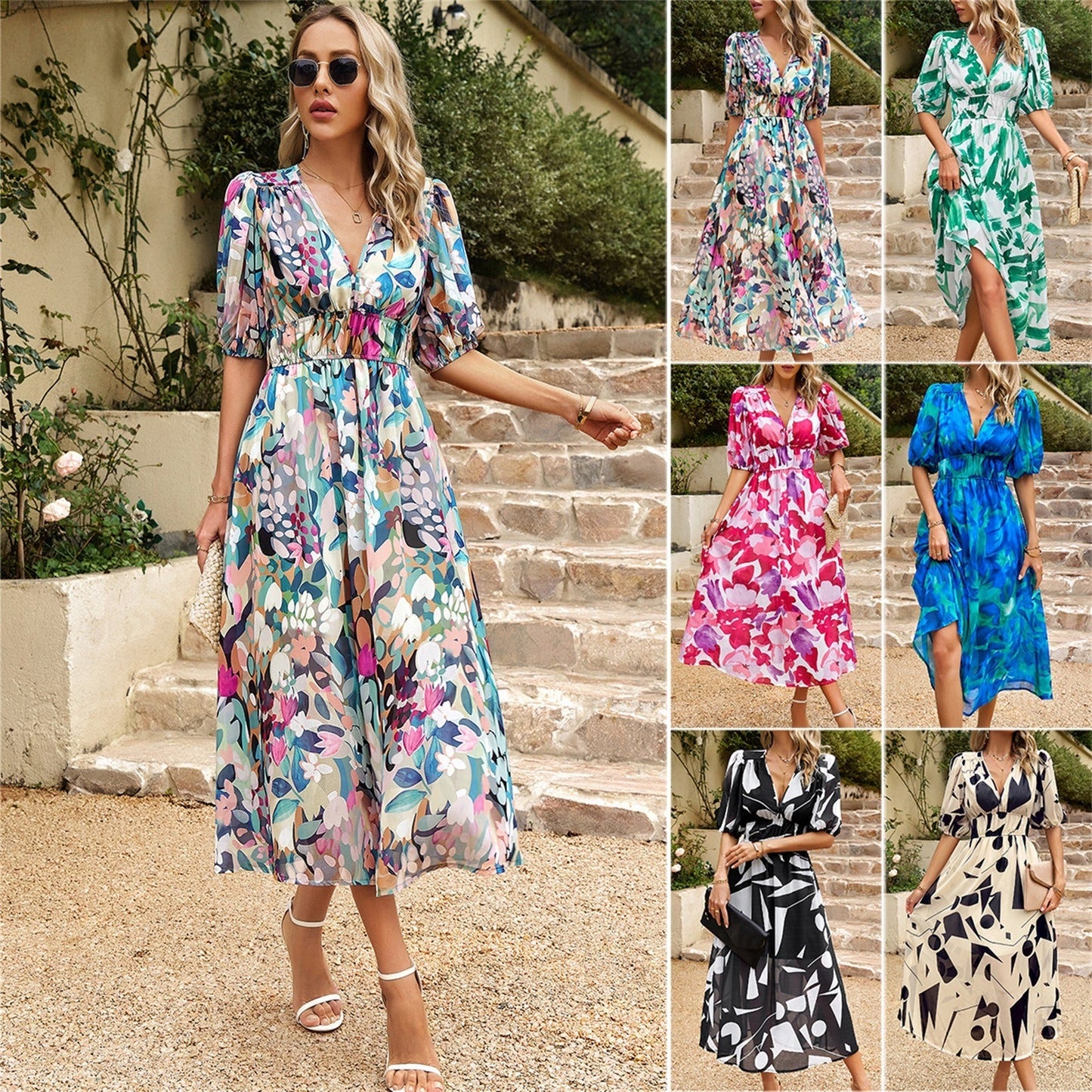 Dress with waist cinched V-neck printed long skirt - Free Shipping - aurelia-clothing-8955