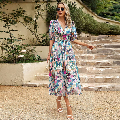 Dress with waist cinched V-neck printed long skirt - Free Shipping - aurelia-clothing-8955