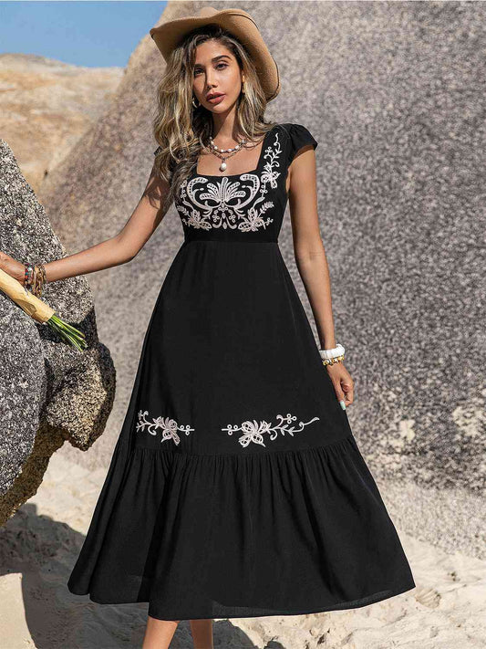 Embroidered Square Neck Ruffle Hem Dress - aurelia-clothing-8955