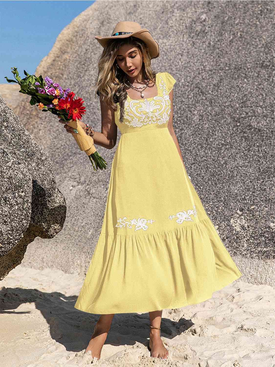 Embroidered Square Neck Ruffle Hem Dress - aurelia-clothing-8955