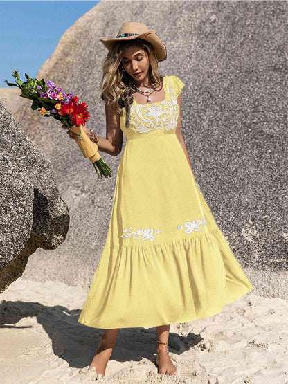 Embroidered Square Neck Ruffle Hem Dress - aurelia-clothing-8955