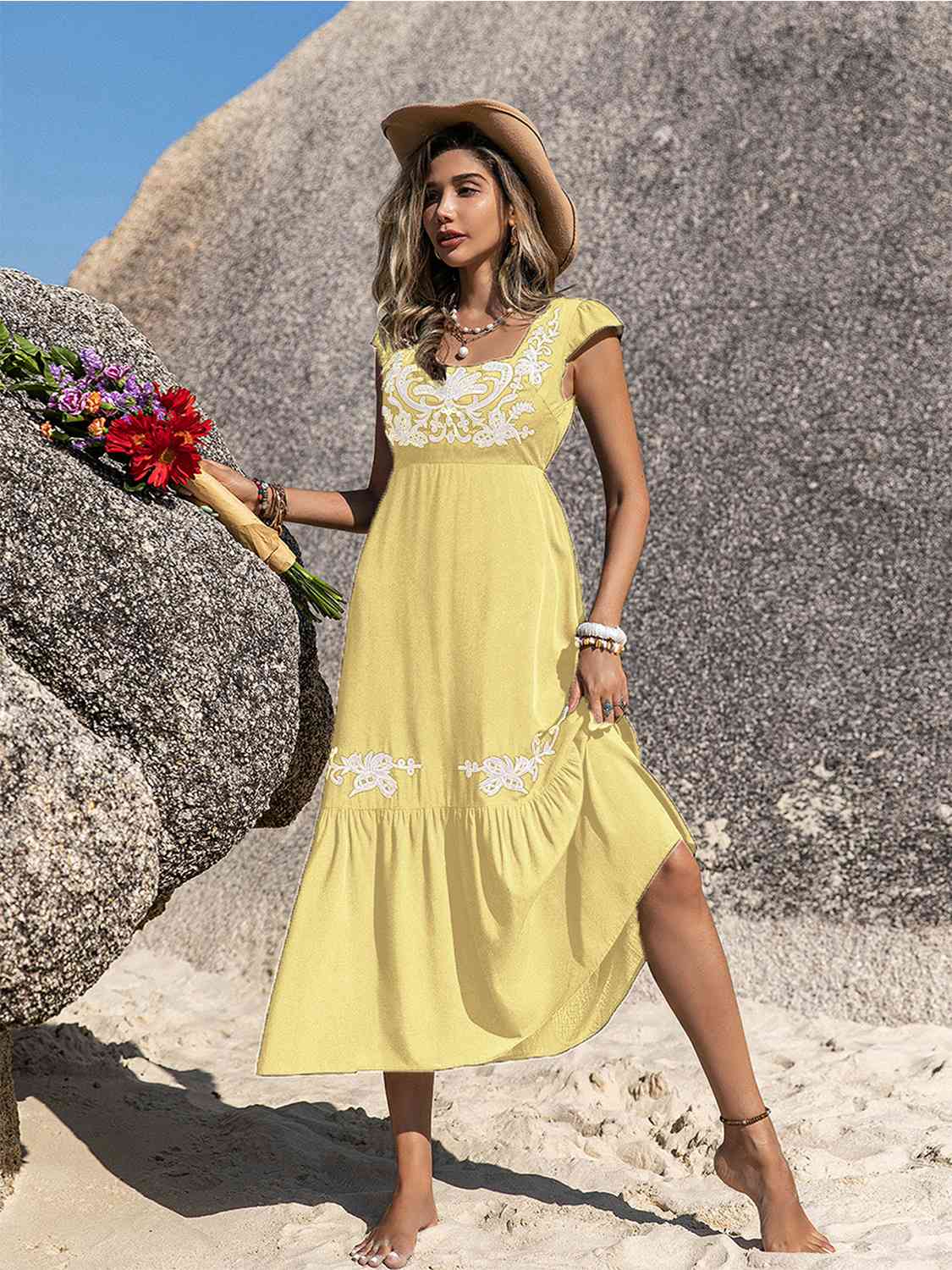 Embroidered Square Neck Ruffle Hem Dress - aurelia-clothing-8955