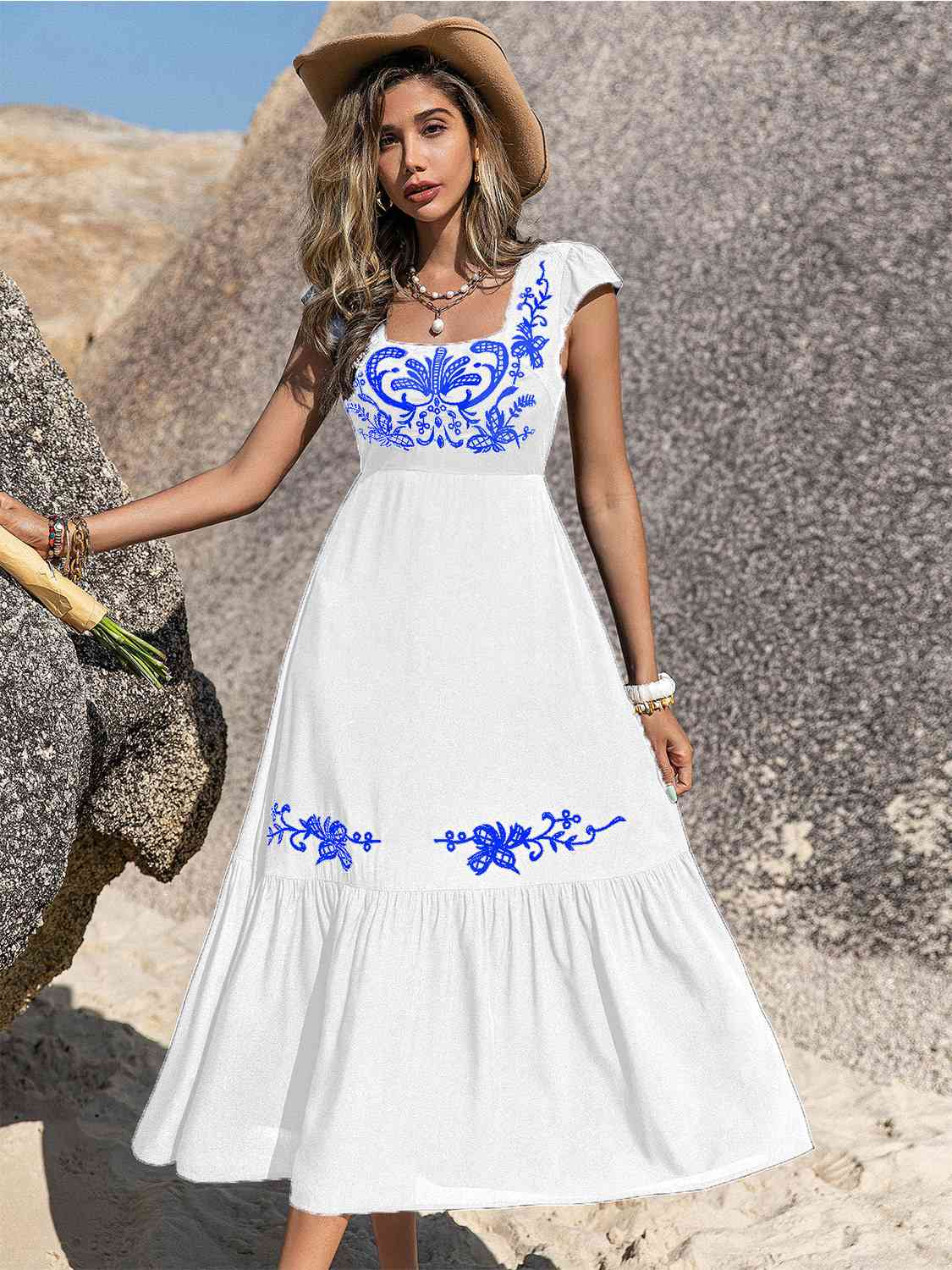 Embroidered Square Neck Ruffle Hem Dress - aurelia-clothing-8955