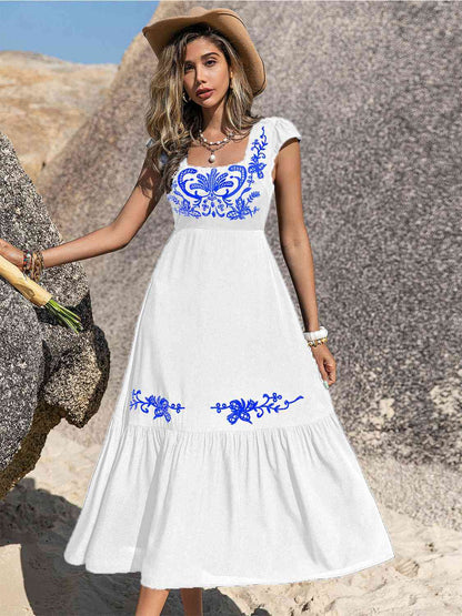 Embroidered Square Neck Ruffle Hem Dress - aurelia-clothing-8955
