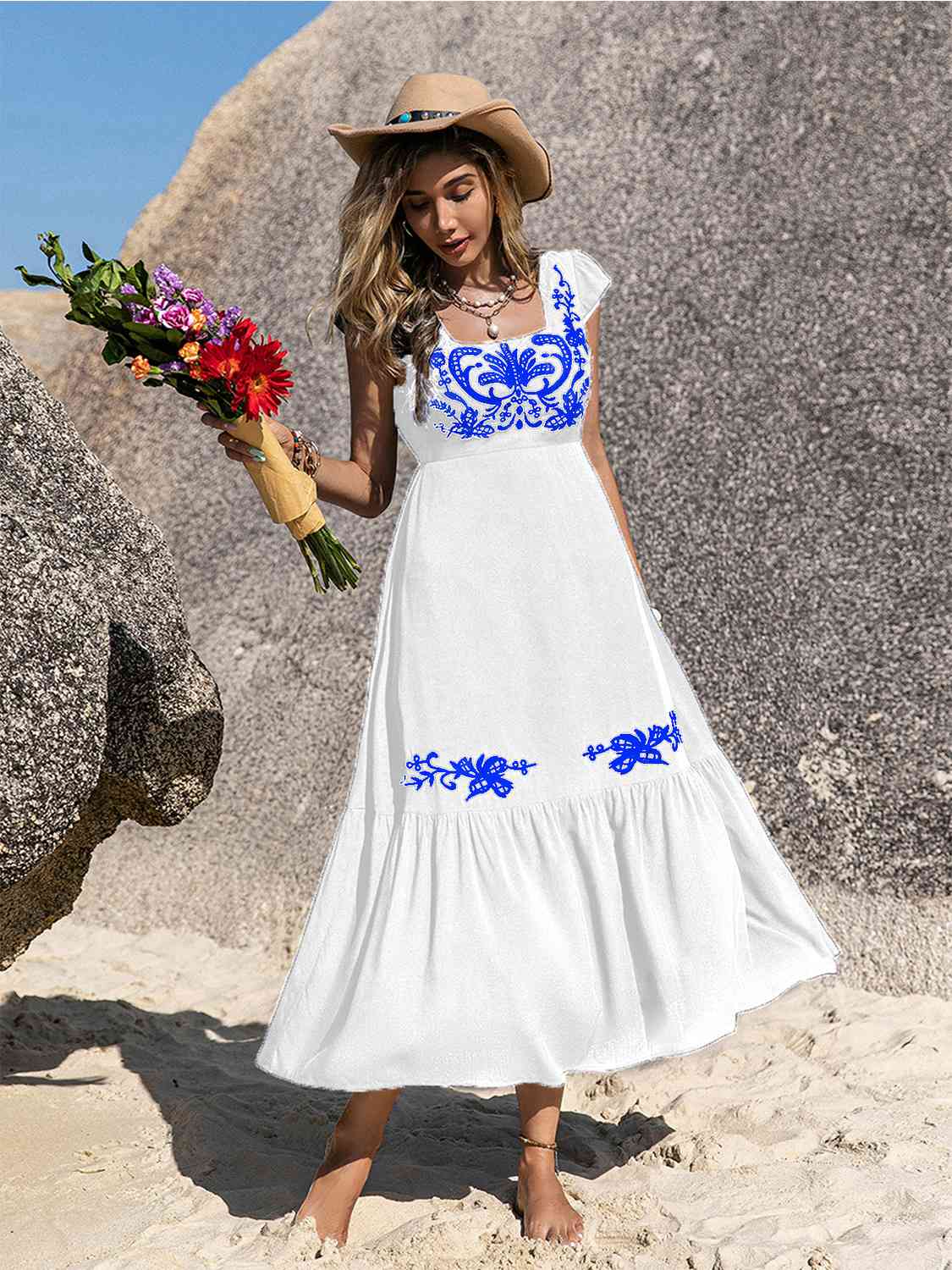 Embroidered Square Neck Ruffle Hem Dress - aurelia-clothing-8955