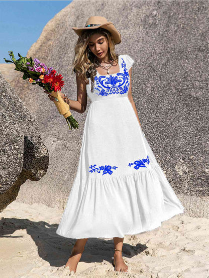 Embroidered Square Neck Ruffle Hem Dress - aurelia-clothing-8955