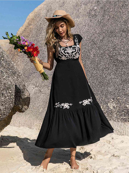 Embroidered Square Neck Ruffle Hem Dress - aurelia-clothing-8955