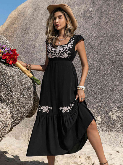 Embroidered Square Neck Ruffle Hem Dress - aurelia-clothing-8955