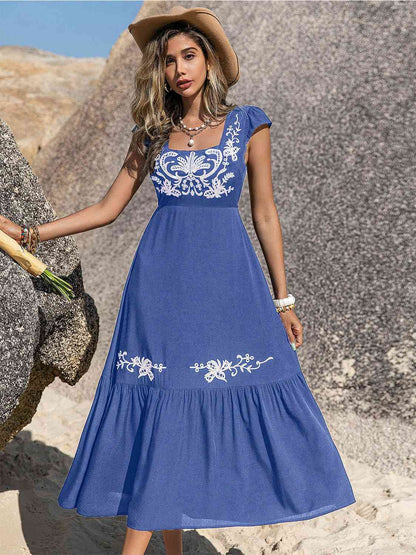 Embroidered Square Neck Ruffle Hem Dress - aurelia-clothing-8955