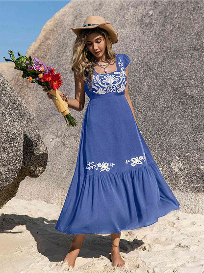Embroidered Square Neck Ruffle Hem Dress - aurelia-clothing-8955