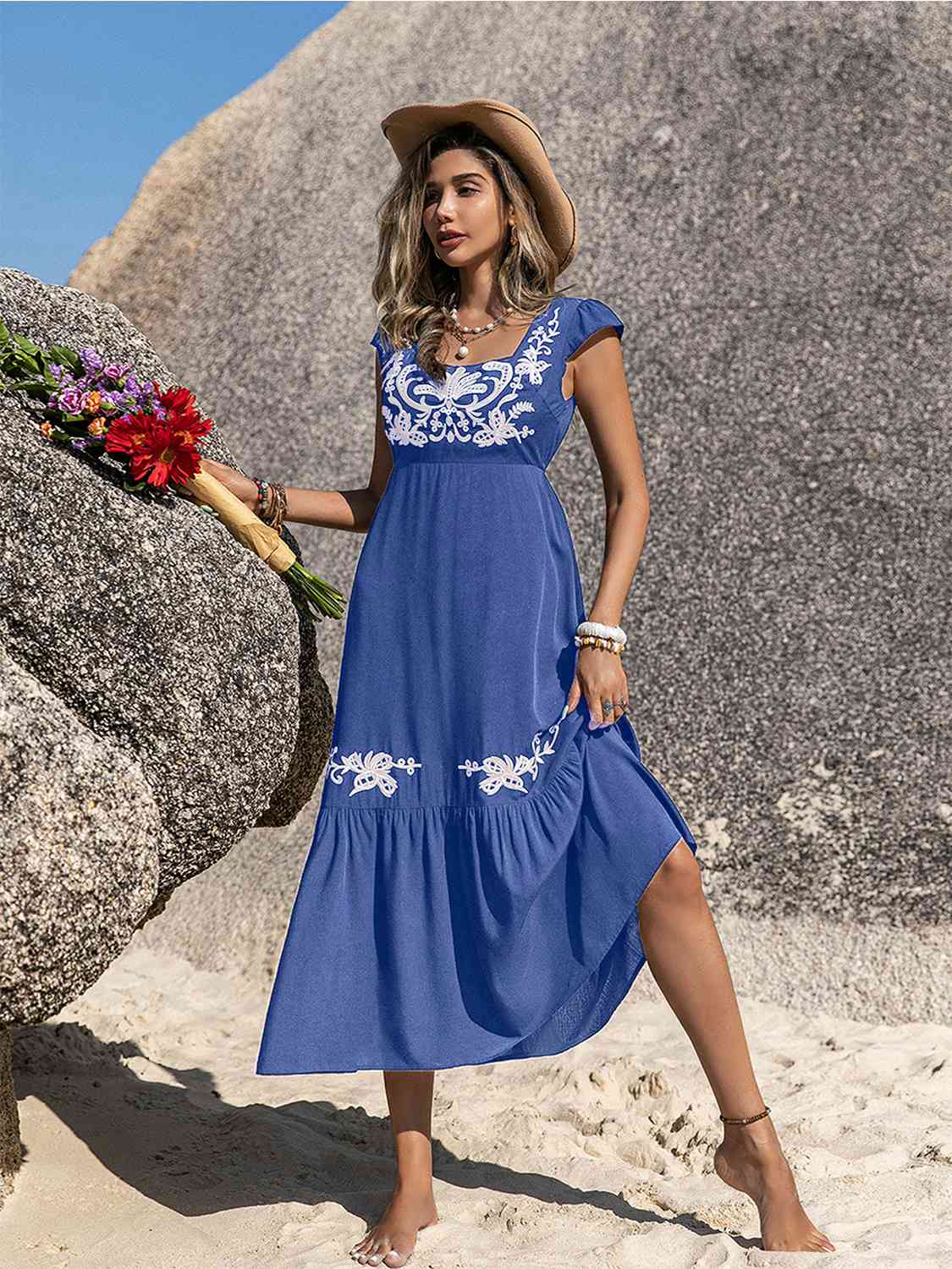 Embroidered Square Neck Ruffle Hem Dress - aurelia-clothing-8955
