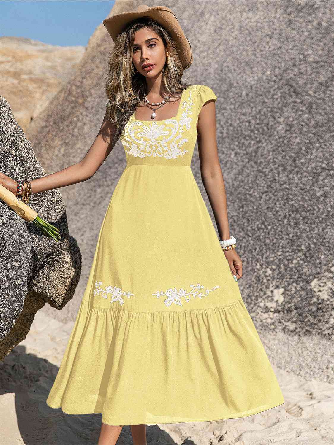 Embroidered Square Neck Ruffle Hem Dress - aurelia-clothing-8955