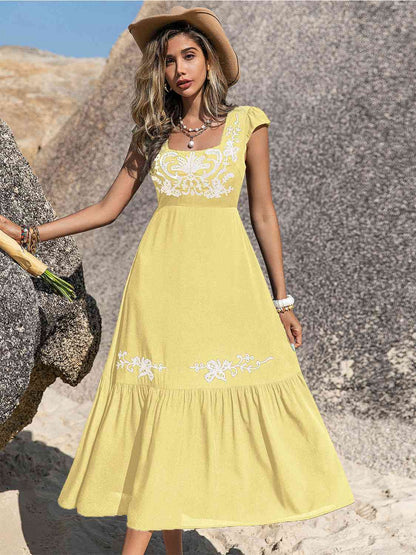 Embroidered Square Neck Ruffle Hem Dress - aurelia-clothing-8955