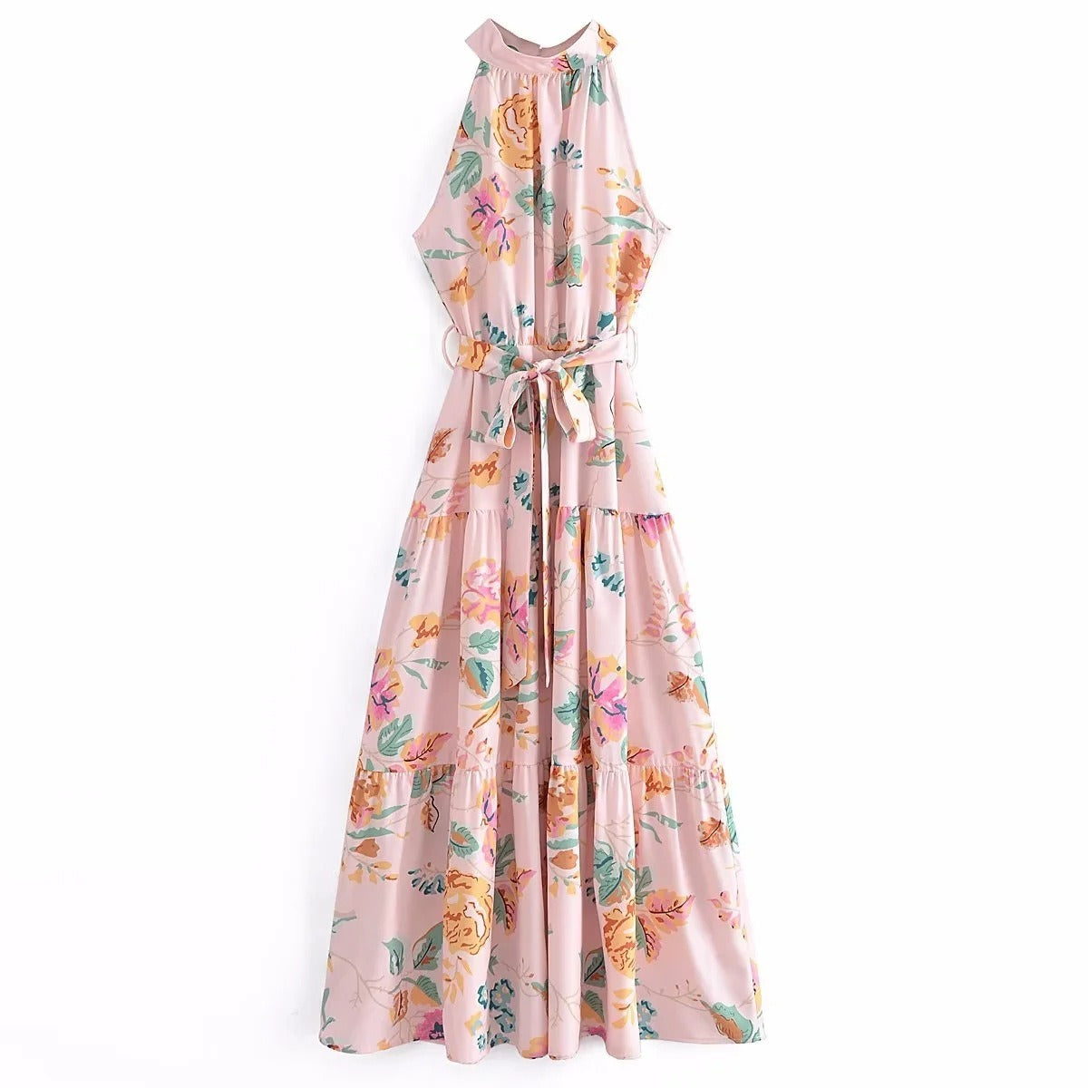 European and American New Fashion Sexy Sleeveless Hanging Neck Print Waist Pulling Dress Womens Long Dress - Free Shipping - aurelia-clothing-8955