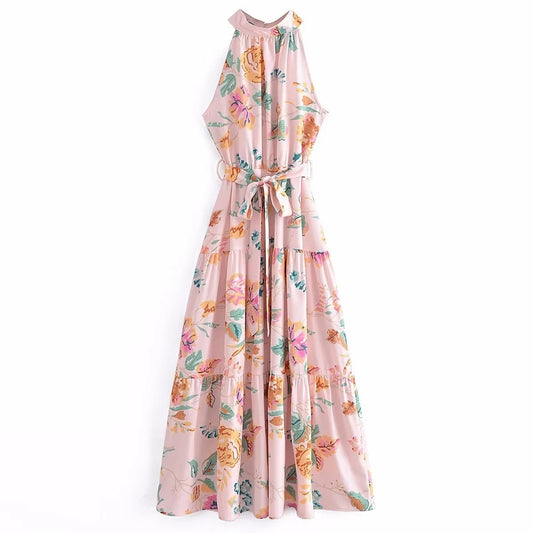 European and American New Fashion Sexy Sleeveless Hanging Neck Print Waist Pulling Dress Womens Long Dress - Free Shipping - aurelia-clothing-8955