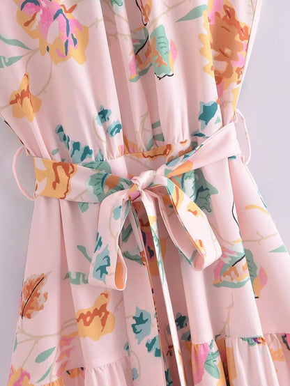 European and American New Fashion Sexy Sleeveless Hanging Neck Print Waist Pulling Dress Womens Long Dress - Free Shipping - aurelia-clothing-8955