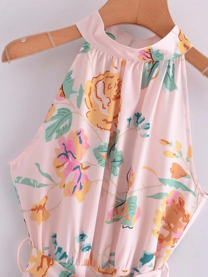 European and American New Fashion Sexy Sleeveless Hanging Neck Print Waist Pulling Dress Womens Long Dress - Free Shipping - aurelia-clothing-8955