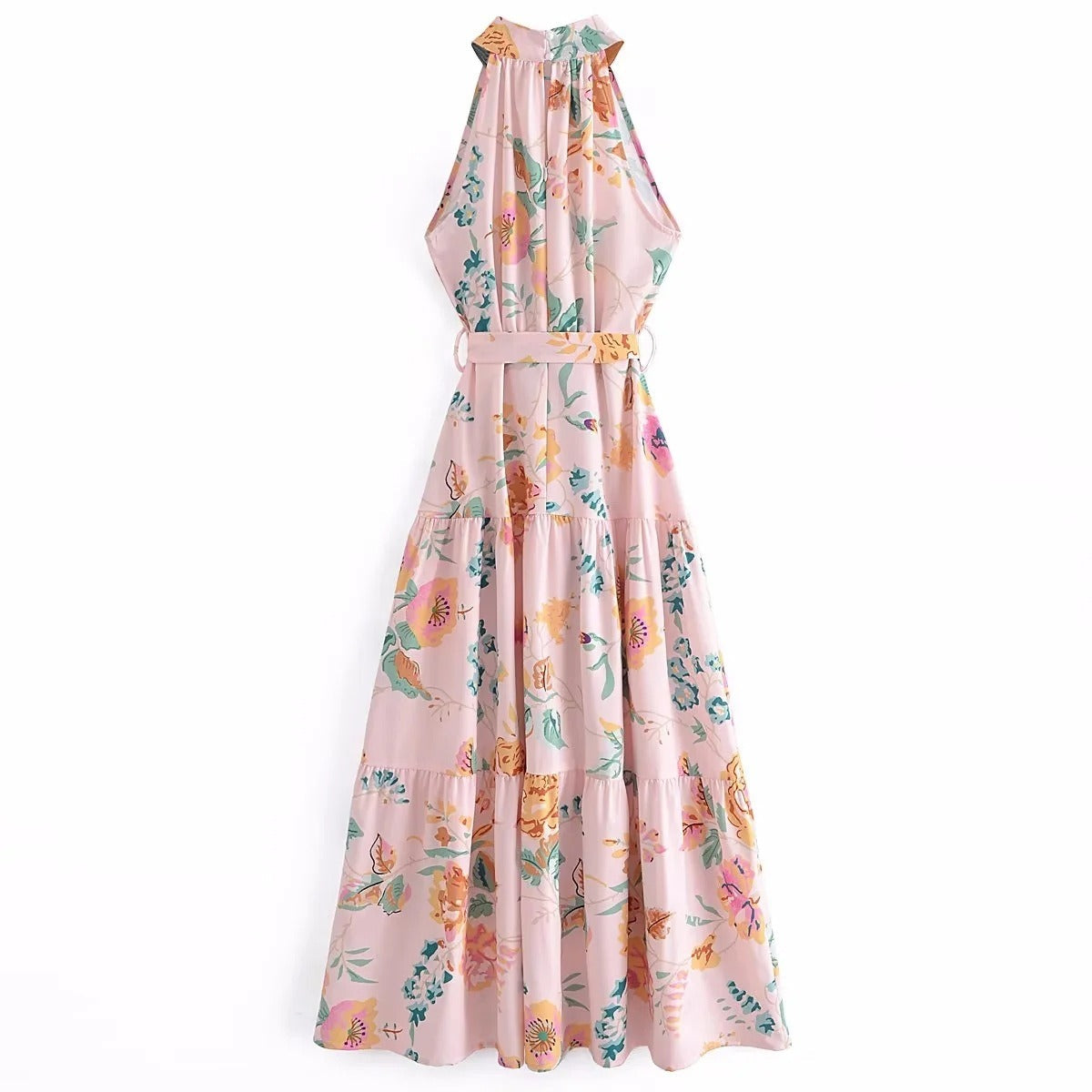 European and American New Fashion Sexy Sleeveless Hanging Neck Print Waist Pulling Dress Womens Long Dress - Free Shipping - aurelia-clothing-8955