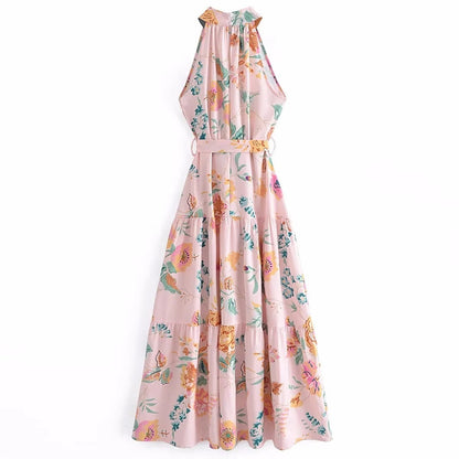 European and American New Fashion Sexy Sleeveless Hanging Neck Print Waist Pulling Dress Womens Long Dress - Free Shipping - aurelia-clothing-8955