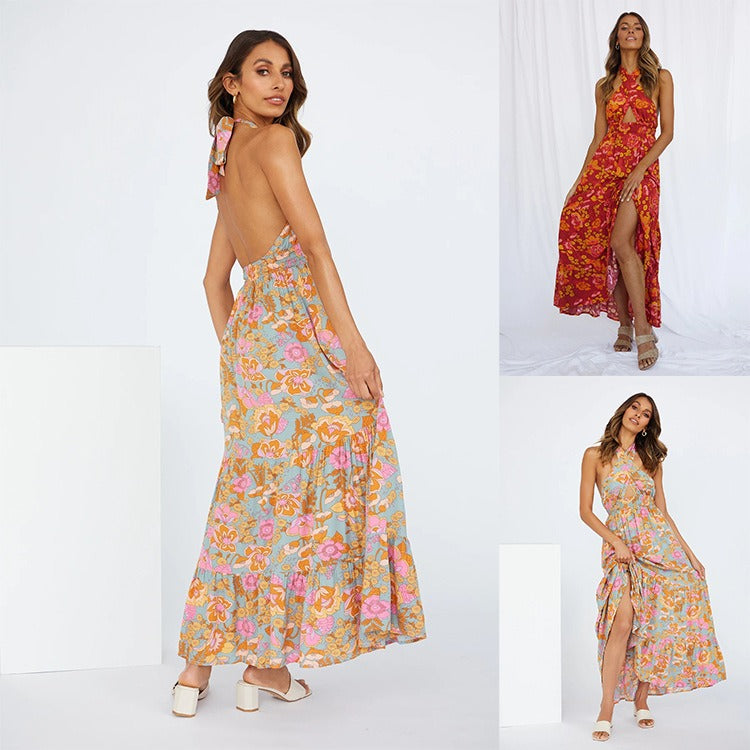 European and American Spring and Summer New Womens Sexy Strap Hanging Neck Split Print Holiday Dress - Free Shipping - aurelia-clothing-8955