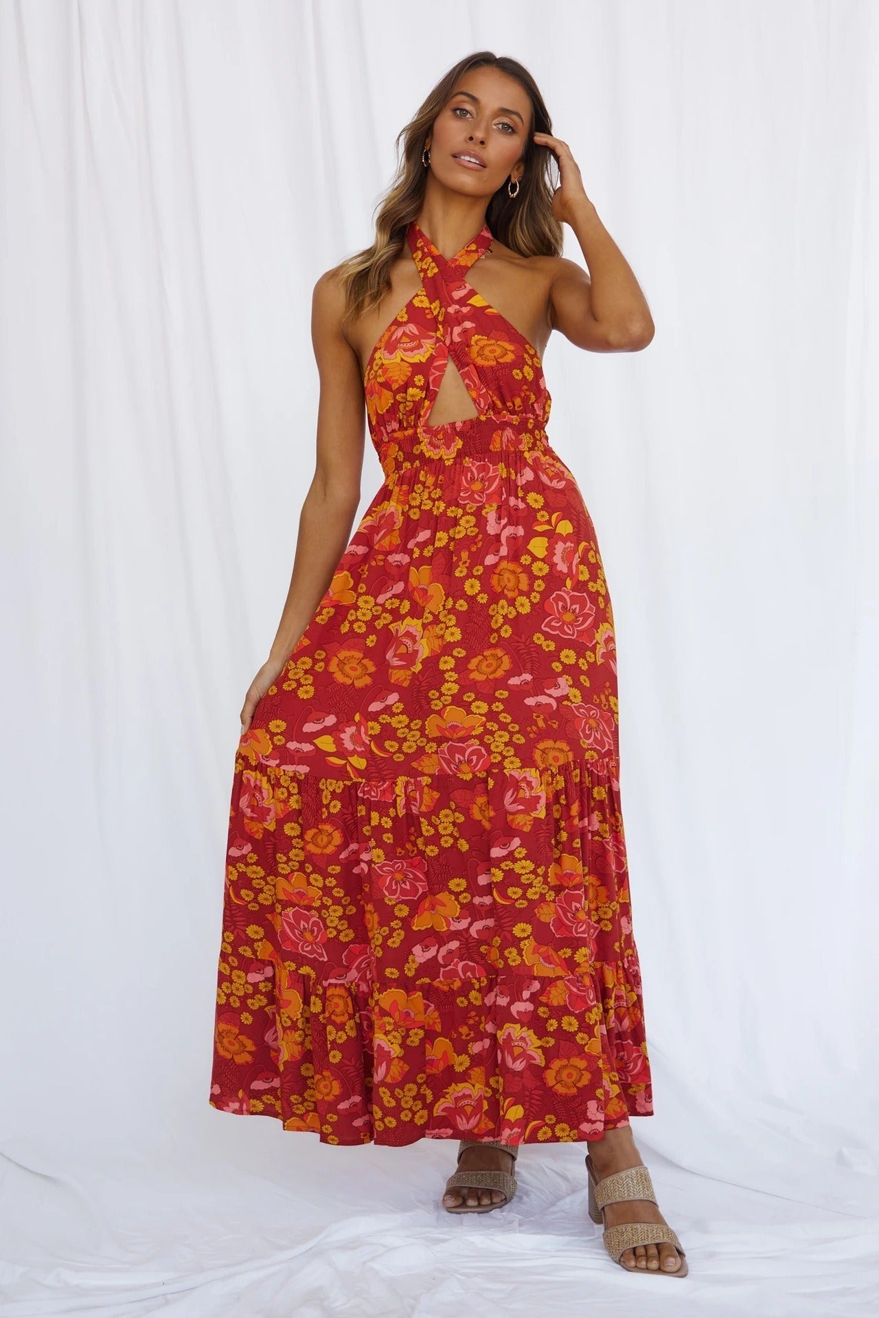 European and American Spring and Summer New Womens Sexy Strap Hanging Neck Split Print Holiday Dress - Free Shipping - aurelia-clothing-8955