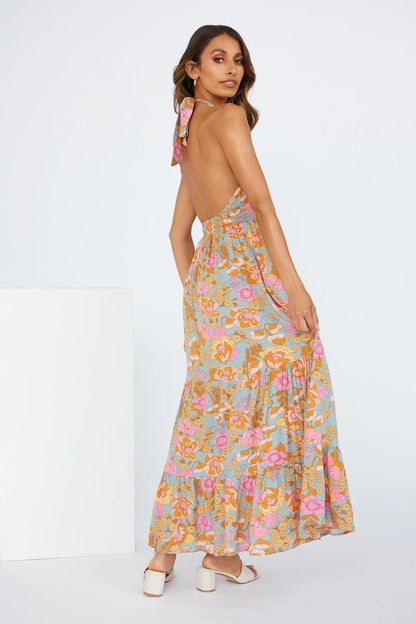 European and American Spring and Summer New Womens Sexy Strap Hanging Neck Split Print Holiday Dress - Free Shipping - aurelia-clothing-8955