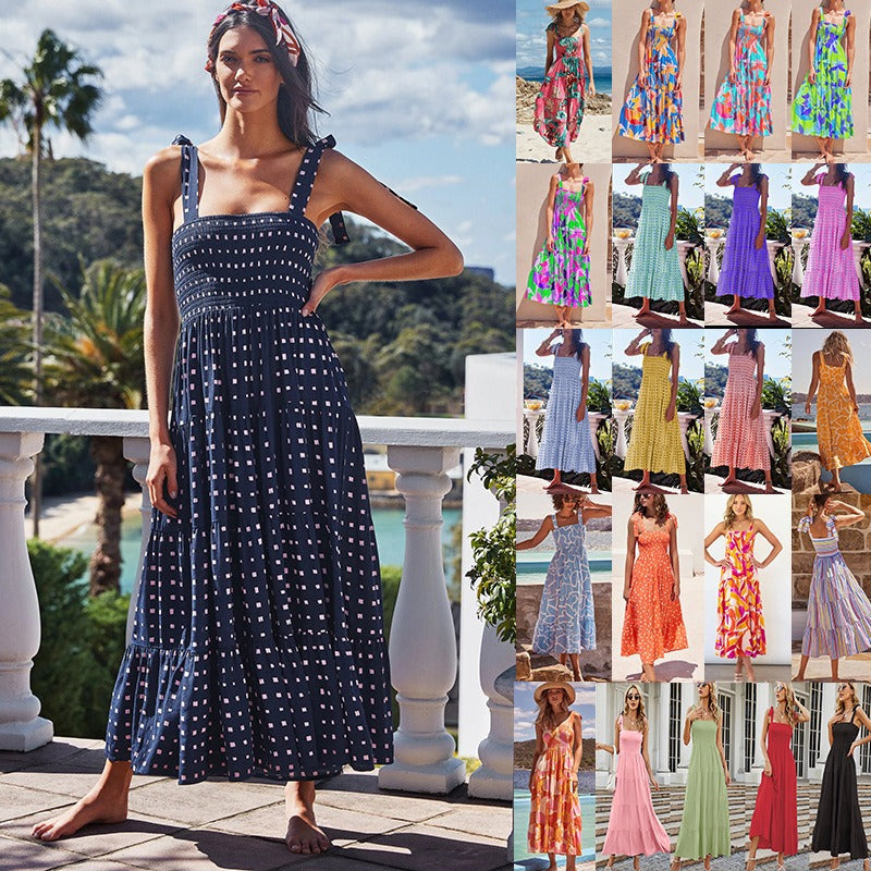 European and American Suspender Dress, Womens Clothing, Spring and Summer New Casual Dress, Printed High Waisted Skirt - Free Shipping - aurelia-clothing-8955