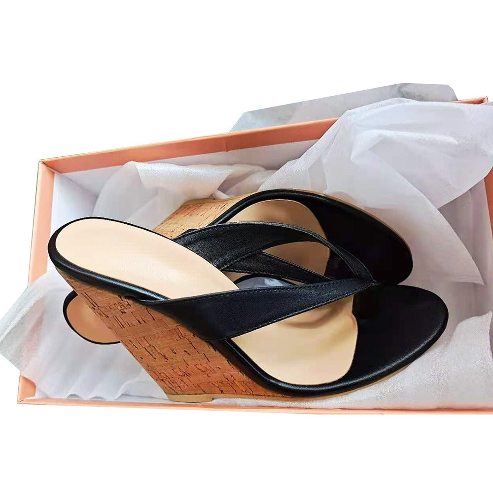 European and American Womens Oversized Wedged Sloping Heel Sandals With Wooden Grain Wrap Heels And Round Toe High Heels- Free Shipping - aurelia-clothing-8955