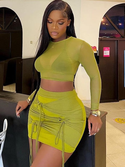European and American style tight round neck mesh short T-shirt mesh splicing mini skirt fashionable two-piece suit - Free Shipping - aurelia-clothing-8955