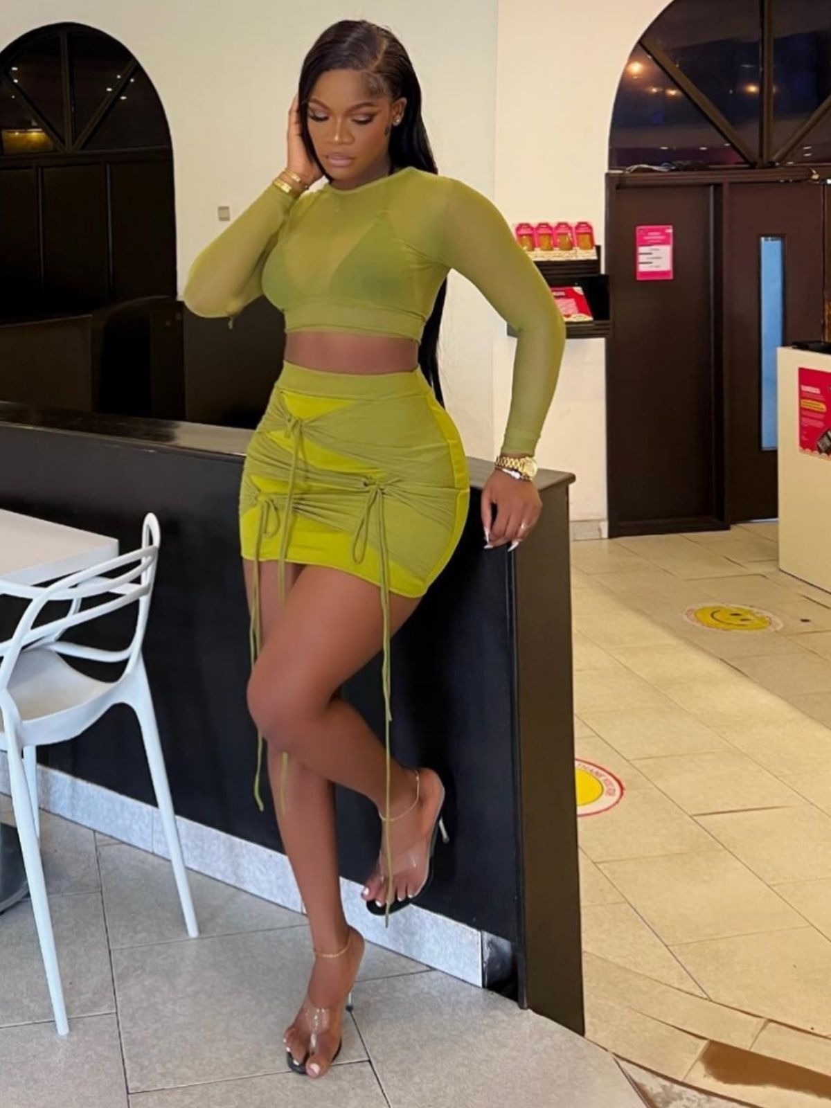 European and American style tight round neck mesh short T-shirt mesh splicing mini skirt fashionable two-piece suit - Free Shipping - aurelia-clothing-8955