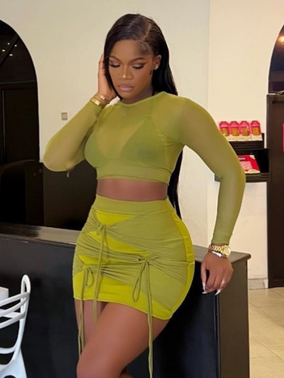 European and American style tight round neck mesh short T-shirt mesh splicing mini skirt fashionable two-piece suit - Free Shipping - aurelia-clothing-8955