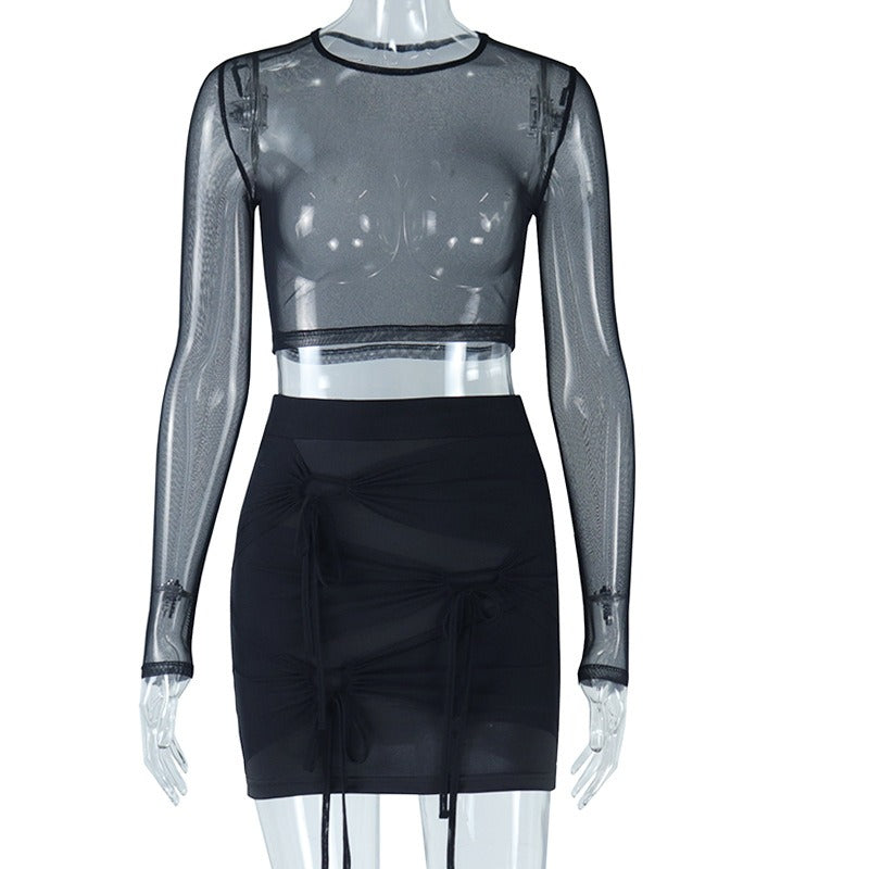 European and American style tight round neck mesh short T-shirt mesh splicing mini skirt fashionable two-piece suit - Free Shipping - aurelia-clothing-8955