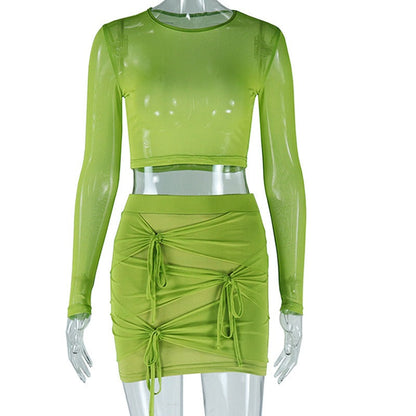 European and American style tight round neck mesh short T-shirt mesh splicing mini skirt fashionable two-piece suit - Free Shipping - aurelia-clothing-8955